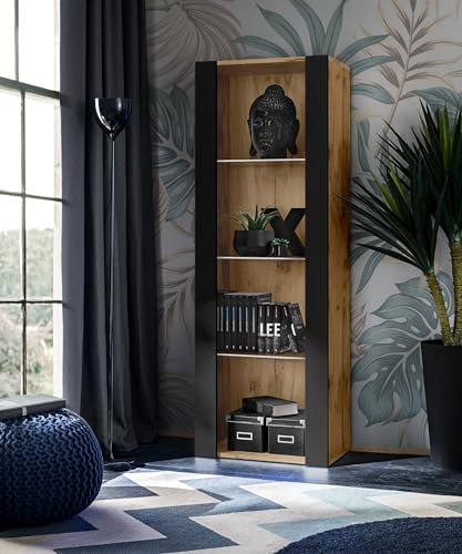 Komodee , Vitrine Schrank Tivoli, Schwarz/Wotan, Breite 55cm x Höhe 159cm x Tiefe 35cm, 3 Regalböden, für Wohnzimmer, Schlafzimmer, Eingang