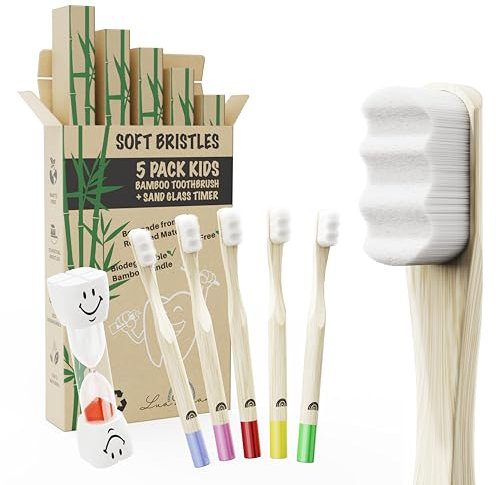 LuaDreams Brosse à Dents Bambu Enfants et 1 Sablier Enfants Laver les Dents (5 + 1) Chaque Brosse à Dents Enfant est Écologique ! 5 Brosses à Dents pour Enfants Bambou BPA Free, Brosses Poils souples