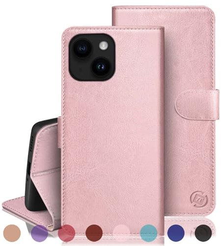 RingPi Cover per iPhone 13 6.1【Blocco RFID Slot Carte Portafoglio】【Supporto Cellulare Magnetica custodia】 uomo donna Pelle Sintetica Custodia telefono per Apple 13,Oro Rosa