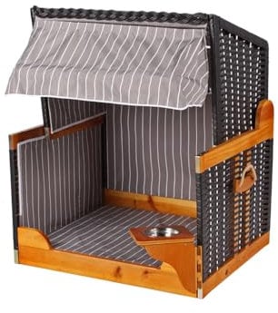 Woodtex Hundestrandkorb Kieferholz |Hundehütte anthrazit inkl. Schützhülle schwenkbarer Wasser-/Futternapf|Sonnenschutz Hunde und Katzen |Rattan Schwarz mit weißen Nadelstreifen