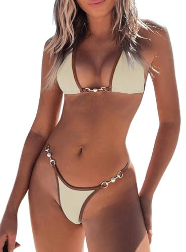 GORGLITTER Bikini Damen Neckholder Set Triangel Bikini Sexy Badeanzug Zweiteiliger Badeanzug Bikini Mit Ring Bademode Swimsuit Aprikosenfarben M