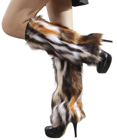 DRALOFAO Damenkostüm, sexy Kunstpelz, warme, flauschige Plüsch Stulpen Beinlinge/Stiefelärmel/Stiefelüberzieher Fellstulpen Weiß Fell Stulpen