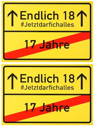 Ortsschild zum 18.Geburtstag, 2 Stück, 1 mm PVC, 30 x 20 cm, Scherzartikel für Geburtstagsgeschenk, Geburtstagsüberraschung 18 Jahre, Schild als Geburtstagsdekoration, lustiges Hinweisschild achtzehn