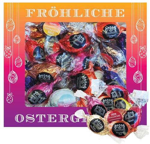 Hallingers Fröhliche Ostergrüße XL - Ostergeschenke für Osterkörbchen zu Ostern, Pralinen Ostereier handgemacht teils mit Alkohol (Box) - Geschenkideen Weihnachten & Geschenke Adventskalender | Glückw