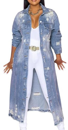 Agiyenna Giacca di Jeans da Donna Giacca di Jeans Lunga ed Elegante Giacca di Transizione Vintage Strappata Monopetto in Denim Giacca Casual con Bottoni