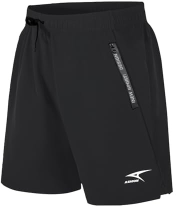 ASHION Herren Sport Shorts Kurze Reißverschluss Taschen Elastischer Bund Kordelzug Jogging Kurz Laufhosen B - Schwarz, XX-Large