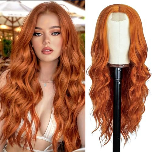 PORSMEER Lange Wellig Perücke, 66cm Mittelscheitel Lockige Perücke Natürliche Hitzebeständig Synthetische Perücke für Frauen Tägliche Party,Kupfer Orange