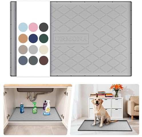 URMONA Alfombrilla Fregadero 55 x 86 cm, Protector Impermeable de Silicona | Borde alto antiderrames, superficie flexible lavable, base estable para armarios de cocina, baños y lavaderos (Gris claro)