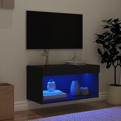 Natulvd 60cm LED Floating TV Cabinet, Wall Mounted Entertainment Stand with RGB LED Lights & Open Storage Shelves for Living Room and Bedroom (Black)