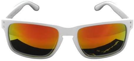 Rennec Sonnenbrille Weiß Matt Rechteckig Herren Damen Gelb Orange Verspiegelt Nerd Brille Festivalbrille mit Hardcase