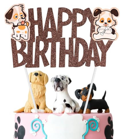 2pcs Dog Birthday Cake Topper, Happy Birthday Puppy Cake Topper Picks Happy Birthday Cake Party Decoration for Baby Shower Kids Animal Theme Cake Pet Lovers Gifts Supplies (Brown, Dog)
