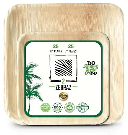 2 ZEBRAZ Premium Palm Leaf Plates Square Set of 50pc Heavy Duty Bamboo Plates Natural Alternative to Plastic & Paper - Party Pack for Weddings & Events - Microwave Safe (25pc 10 + 25pc 7)
