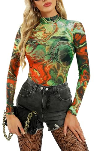 BemorRun Women Mesh Top Floral Mesh Long Sleeve Tops Mock Neck See Through Tops Fitted Sexy Going Out Tops, Orange, S