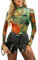 BemorRun Women Mesh Top Floral Mesh Long Sleeve Tops Mock Neck See Through Tops Fitted Sexy Going Out Tops, Orange, S