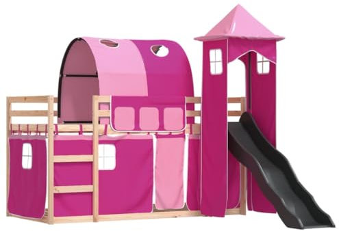 vidaXL Etagenbett, Stockbett mit Rutsche Gardinen, Kinderbett mit Rausfallschutz Lattenrost, Spielbett Bett ohne Matratze, Rosa 90x200cm