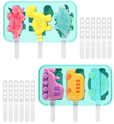 Toaren 2 Stück Eisformen Eis am Stiel,Silikon Eis am Stiel Eisformen Silikon Eiscreme Cakesicle Formen Kinder,Wiederverwendbare,Eisförmchen Popsicle Formen mit Stiel und Deckel(Fahrzeug+Tiere