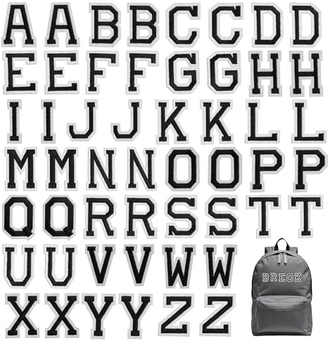 52Pcs Iron On Letters for Clothes Black Letter Patches Alphabet Embroidered Patch A-Z Iron on Patches for Clothing Shirts Baseball Football Jeans Hat DIY Accessories