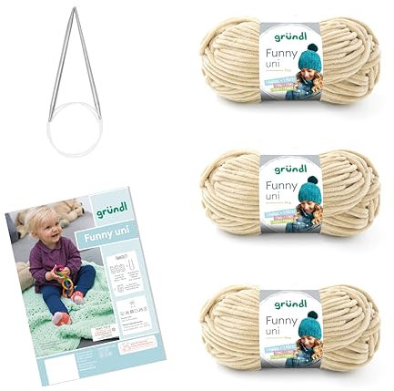 Gründl Wolle Funny uni - weiche Chenille Wolle mit Nadel und Anleitung für eine Babydecke - Kuschelig und hautfreundlich - 100% Polyester - 3 Knäuel 100 g / 120 m - Nadelstärke 5-6, beige