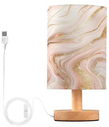SKYSHU Rose Gold Marble Bedside Table Lamp, Small LED Desk Light USB Nightstand Lamp with Non Slip Wood Base & Eye-Friendily Lampshade for Living Room Bedroom Dorm Home Office Desk Decor