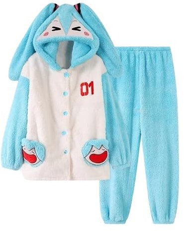 AIYINIY Schlafanzug für Damen, weich, warm, dick, Nachtwäsche, Cartoon, flauschig, Fleece, Pyjama, Cosplay, Kostüm, lässige Loungewear, Geburtstagsgeschenk für Fans, Miku, M