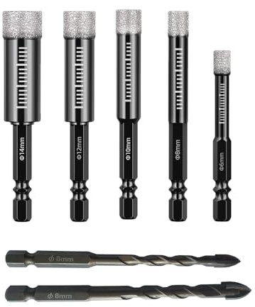 Zzcy 7Pcs Brocas para Azulejos y Cristal con Vástago(6,8,10,12,14 mm) con Broca de Metal Duro de 6/8 mm para Cerámica, Granito, Porcelana, Vidrio
