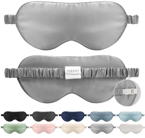 SILKTALE Schlafmaske Seide für Herren Frauen,19 Momme 100% Maulbeerseide Augenmaske für Seitenschläfer, Lichtblockierende Seiden Schlafbrille mit Verstellbares Gummiband für Reisen,Silbergrau