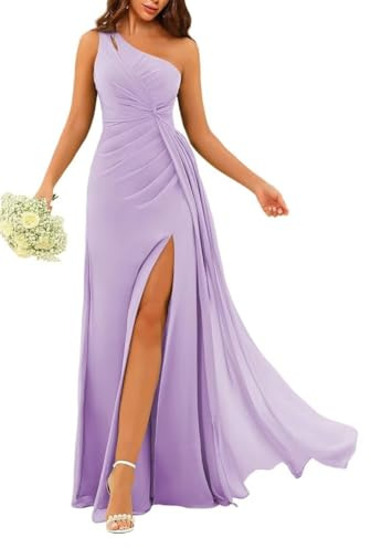 One-Shoulder-Prinzessinnenkleid, Brautjungfernkleid, ausgeschnitten, gedreht, Ballkleid, Chiffon, formelle Abendkleid, Partykleid ZM155, Flieder, 34