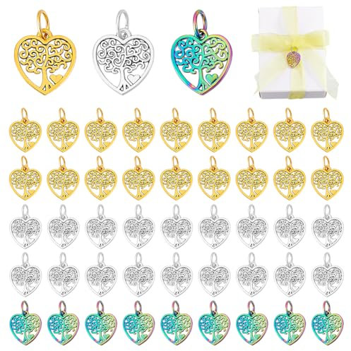 PH PandaHall 50pz Ciondolo Albero Della Vita Cuore Ciondoli Cuore Cavo, 3 Colori Ciondoli Stile Tibetano Metallo Pianta Portafortuna Pendenti per Collana Bracciale Orecchini Creazione di Gioielli