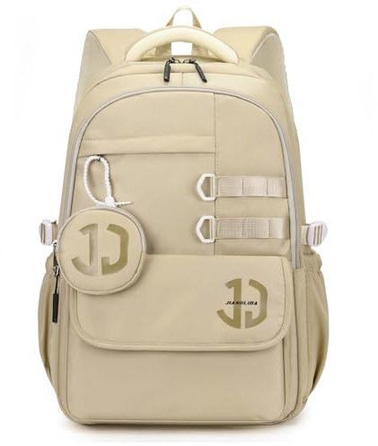 JANSBEN Wasserdichter Schulrucksack für Teenager Jungen und Mädchen, Mehrfachfach Design für Schule und Reisen, Schultasche Ideal für 5 Klasse Helles Khaki