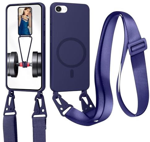 xinyunew Cordon de Coque Compatible avec iPhone 6/7/8/SE 2020/SE 2022 Compatible avec MagSafe Coque,Collier Étui Silicone Liquide avec Tour de Cou Lanière en Corde Souple TPU Antichoc Housse-Bleu