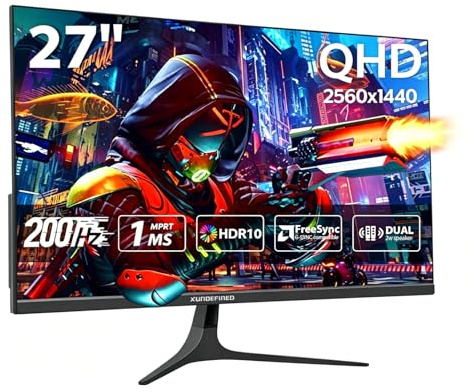 Monitor Gaming 27 Pollici 2K QHD (1440P) 180Hz/144Hz, Display IPS Rapido con Altoparlanti, FreeSync e G-SYNC, 125% sRGB, HDR10, 2x HDMI, 2x DisplayPort, Compatibile con Switch/Xbox/PS5, Montaggio VESA