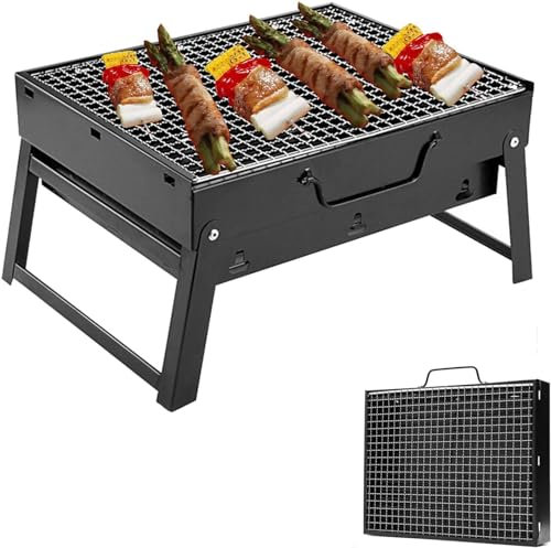 BBQ Barbecue Grill, Portable Folding Charcoal Barbecue Desk Tabletop Outdoor Stainless Steel Smoker BBQ for Picnic Garden Terrace Camping Travel (Black)