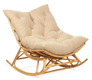 Desser Natural Rattan Papasan Rocking Chair with Square Handmade Cushion – Handcrafted Solid Rattan Rocker for Living Room, Bedroom, Conservatory & Dry Outdoor Use – Natural in Latte