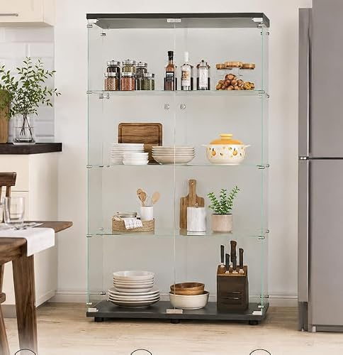 MGMYM Glasvitrine Standvitrine mit Tür und Schloss, 4 Lagen Sammlervitrine Vitrinenschrank, 2 Tür Glasvitrine Stehend Für Wohnzimmer Schlafzimmer Büro (Schwarz 2 Tür, 4 Lagen)