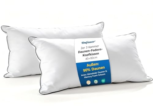 Dafinner 2er 3-Kammer-Daunenkissen 40 × 80 cm┃ 90% Daunen Außenkammer | Feder-Mischung Innenkammer ┃Oeko-TEX ┃Downpass ┃ Mittlere Unterstützung│Bio-Baumwoll