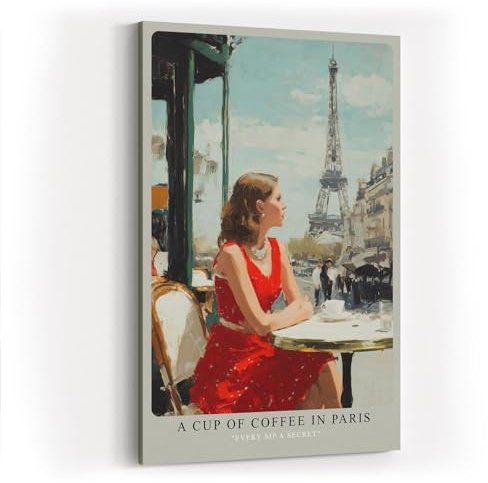 Paul Sinus Wandbild in 40x60cm A Cup of Coffee in Paris Bilder einer Frau im roten Kleid in einem Pariser Straßencafé mit Blick auf den Eiffelturm