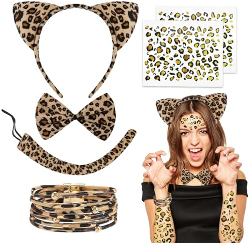 MorLuks 5 Stück Leoparden Kostüm Set, Leopardenohren Haarreif, Leopard Stirnband Fliege, Leopardenmuster Kostüm Zubehör Karneval Cosplay
