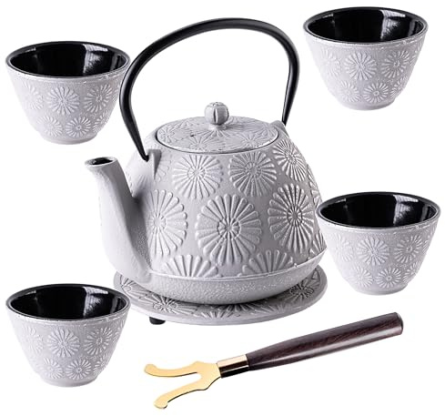 KADAX Teiera Giapponese 1,1 L con 4 Tazze da Tè per Tè Sciolto, Servizio da Tè Giapponese in Ghisa, Teiera in Ghisa con Filtro, Coperchio, Maniglia e Sottotazza (Grigio)