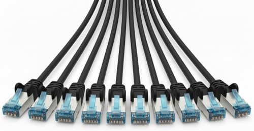 Cable de red CAT 6A de 2 m, negro, 10 Gbit/s, RJ45, cable LAN (S/FTP PIMF, 500 MHz, AWG27, chapado en oro), cable de conexión Ethernet para enrutador, módem, conmutador, ordenador, 10 unidades
