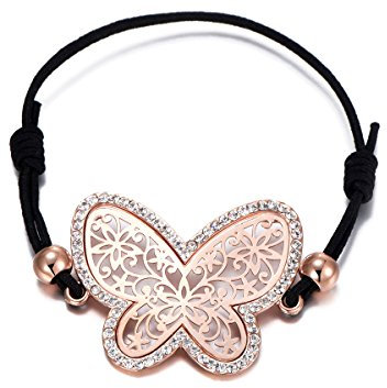 Femmes Charm Bracelet Noeud Chanceux Creux Papillon Bracelet Stretch Cire Cordon Manchette Bracelet avec Cristal (Or Rose)