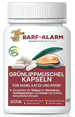 barf-alarm Grünlippmuschel-Kapseln Hund Katze Pferd – 300 Kapseln – 100% Grünlippmuschelpulver Kapseln für Hunde Katzen und Pferde mit je 500mg – Grünlippmuschelextrakt Hunde