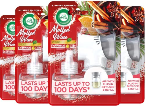 Air Wick Plug in Diffuser Kit, Mulled Wine, Pack 4 x Kits, 1 Device & 1 Refill, Long Lasting Fragrance, Lasts up to 400 days, Plug in Air freshener
