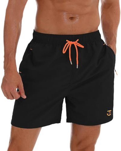 JustSun Mens Swim Shorts with Zip Pockets Swimming Shorts Board Shorts Quick Dry Beach Swim Trunks Surf Shorts Mesh Lining Black Large
