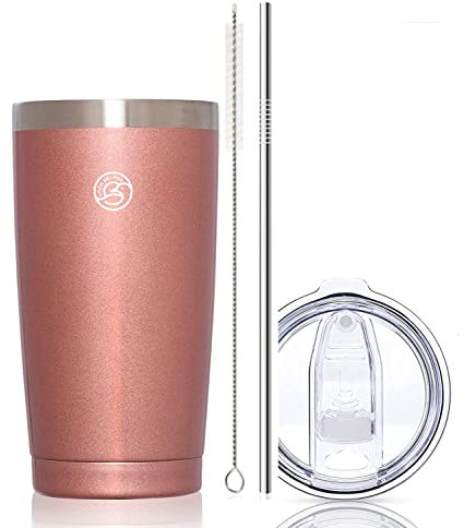 Loon Brands Thermobecher Kaffee To Go aus Edelstahl, VakuumIsolierter Autobecher, Kaffebecher To Go, Doppelwandige Reisebecher mit Spritzfestem Deckel, Strohhalm und Rohrbürste (500ml, Rose Gold)