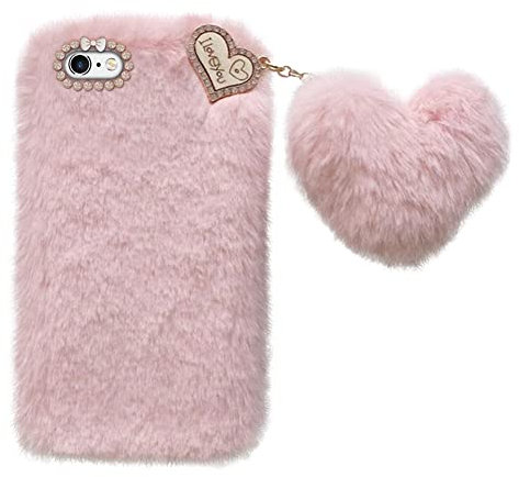 Uposao Compatible with iPhone 6S Plush Case Fluffy Cute Mobile Phone Case Winter Warm Soft Case with Crystal Rhinestone Love Heart Pendant for Women Girls, Pink