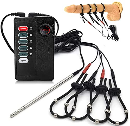 Estim Elektrostimulation Penisringe Extrem Bondage Set, 4 Stück Einstellbar Reizstrom-Elektroden Cockring & Elektro Shock Edelstahl Penis Plug Harnröhrenkatheter Sex Spielzeug Für Männer,Schwarz