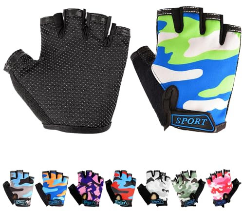 Mecmbj Kind Halb Finger Fahrradhandschuhe, Kinder Sport Handschuhe, rutschfeste Kindersporthandschuhe, zum Radfahren, Bootfahren, Yoga, Skaten, Klettern Blau+Grün(Anwendbare Personen: 6-12 Jahre)