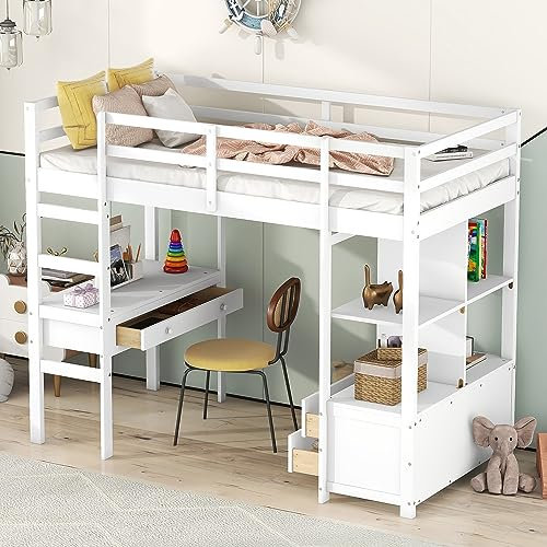 Moimhear Cama alta para niños de 90 x 200 cm, con cajones de almacenamiento y escritorio bajo la cama (90 x 200 cm, blanco)