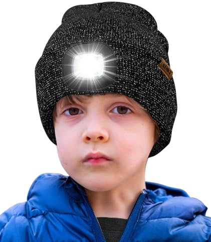 ATNKE Kids LED Beleuchtete Mütze mit Licht,Wiederaufladbare USB 4 LED Laufmütze Extrem Heller Lampe Winter Warme Stricken Mütze Großartig Geschenke für Jungen und Mädchen/Blended Black Goldwire
