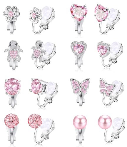 Ohrclips Mädchen Clip Ohrringe 8 Paar Ohrclips Kinder Ohne Ohrlöcher Clip on Ohrringe Mädchen mit Schmetterlinge Blumen Liebe Schildkröten Hypoallergene Ohrclips für Kinder Mädchen Geschenk